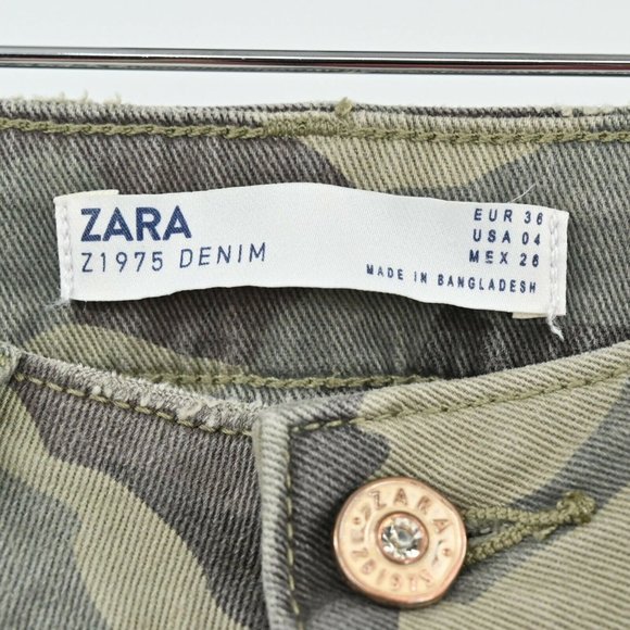 ZARA Womens Size 4 Camo Khaki Green Army Camouflage Skinny Slim Jeans Distressed - Picture 8 of 10